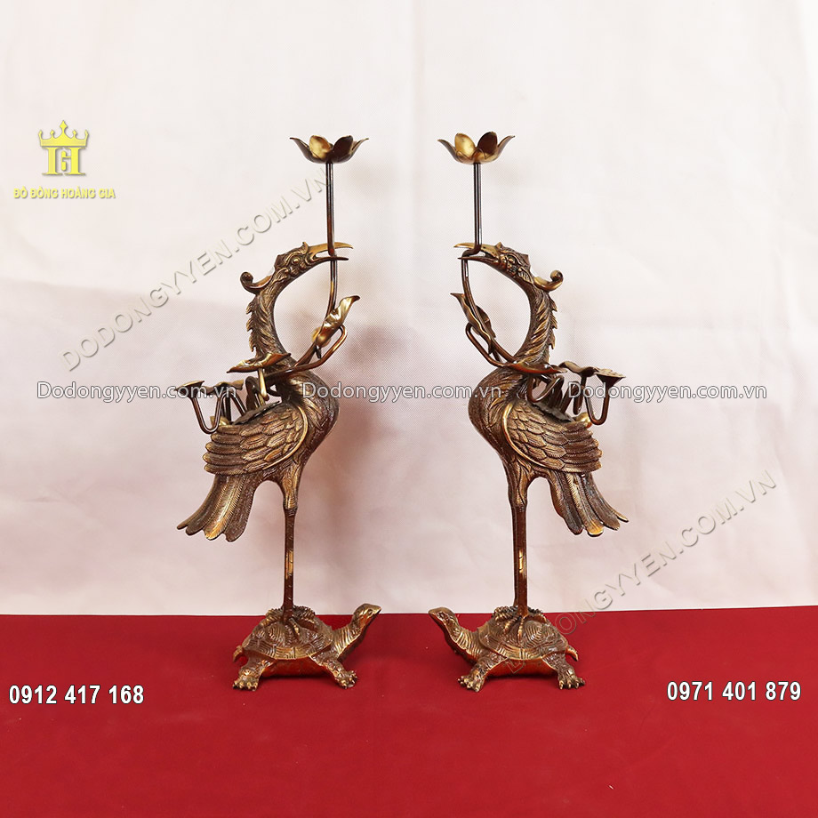 Đ&ocirc;i hạc thờ bằng đồng m&agrave;u sắc hun giả cổ